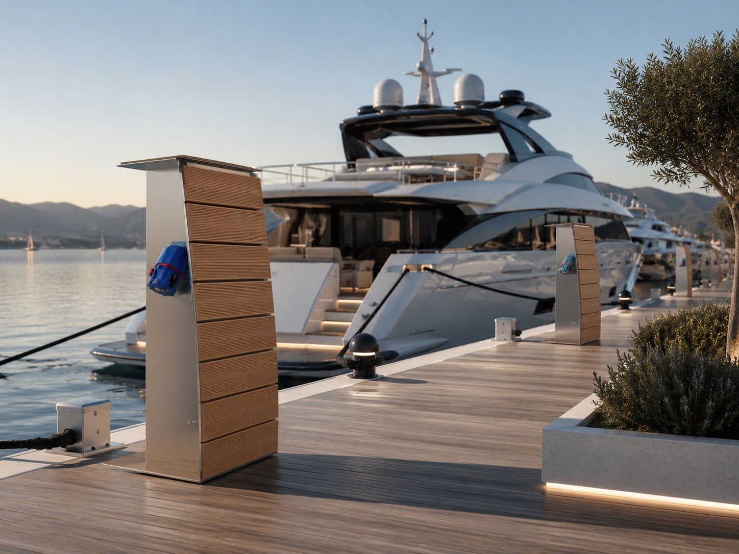 Leonardo-Pedestal-Multiservicesäule an einem Steg neben einer Superyacht